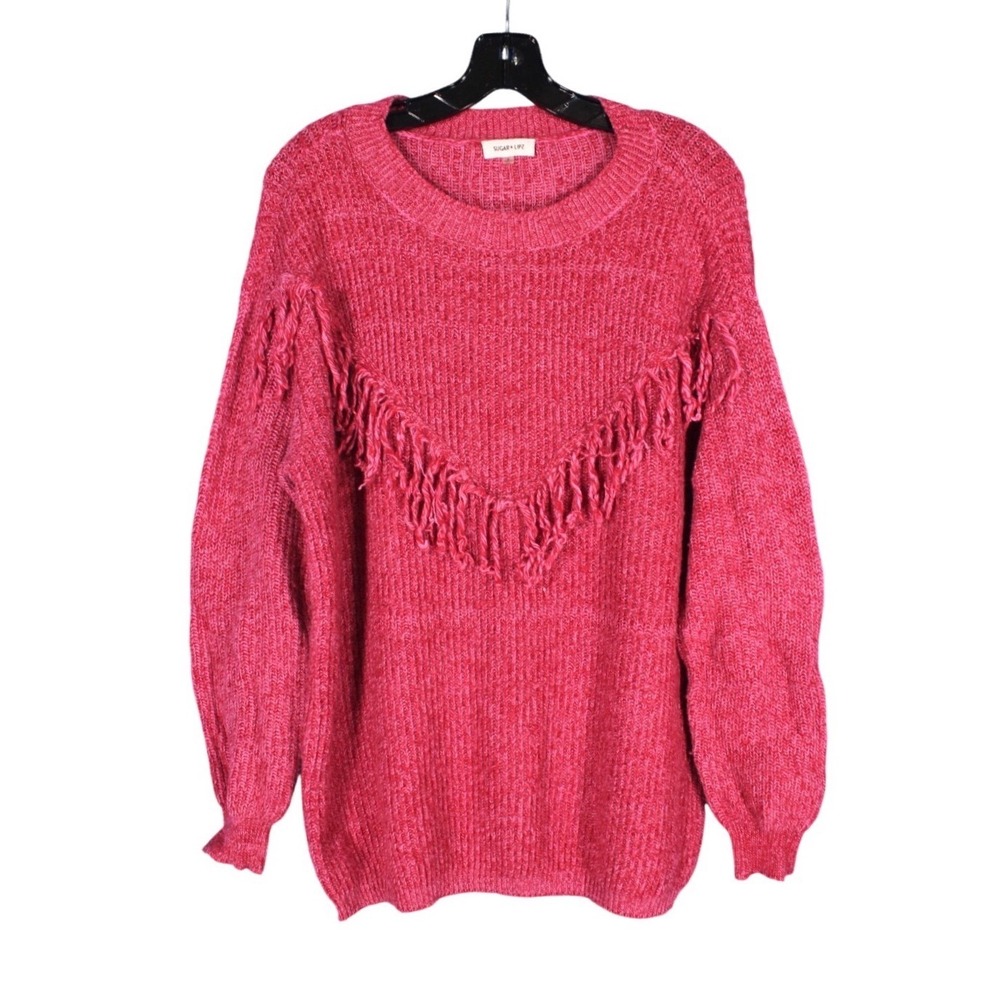 SUGARLIPS Pink & Red SONOMA OVERSIZED OPENWORK Fringe Front KNIT SWEATER Sz L